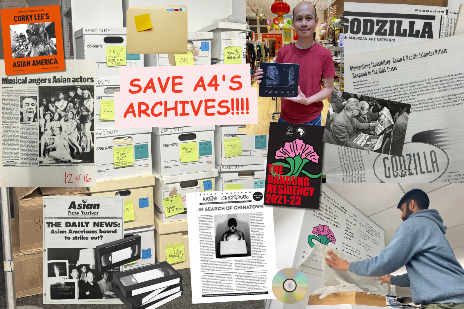 Images of items in A4's archives with text that reads "Save A4's Archives!!!"